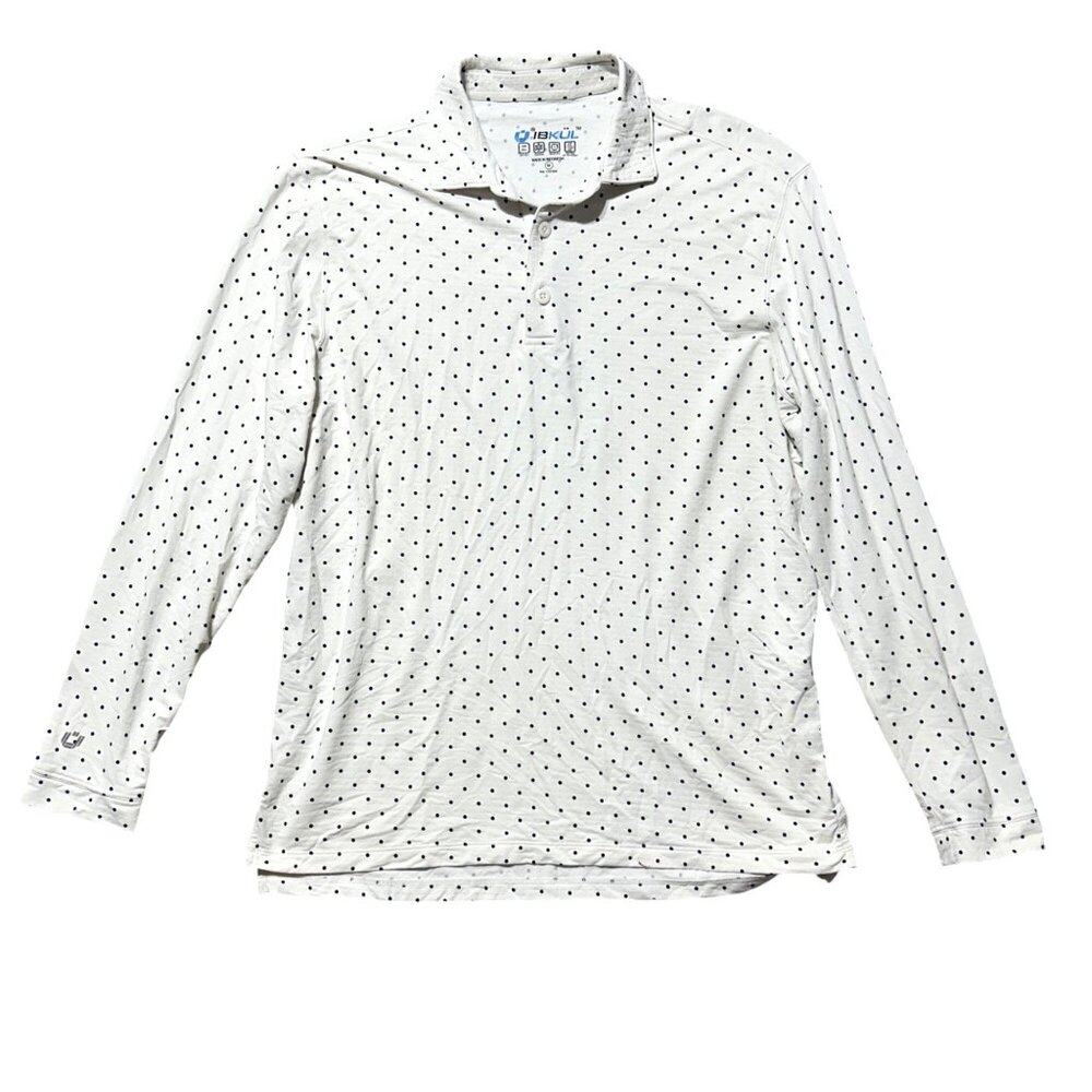 Ibkul Women's Sz M White & Navy Polka Dot Long Sleeve Polo UPF 50+ Quick Dry